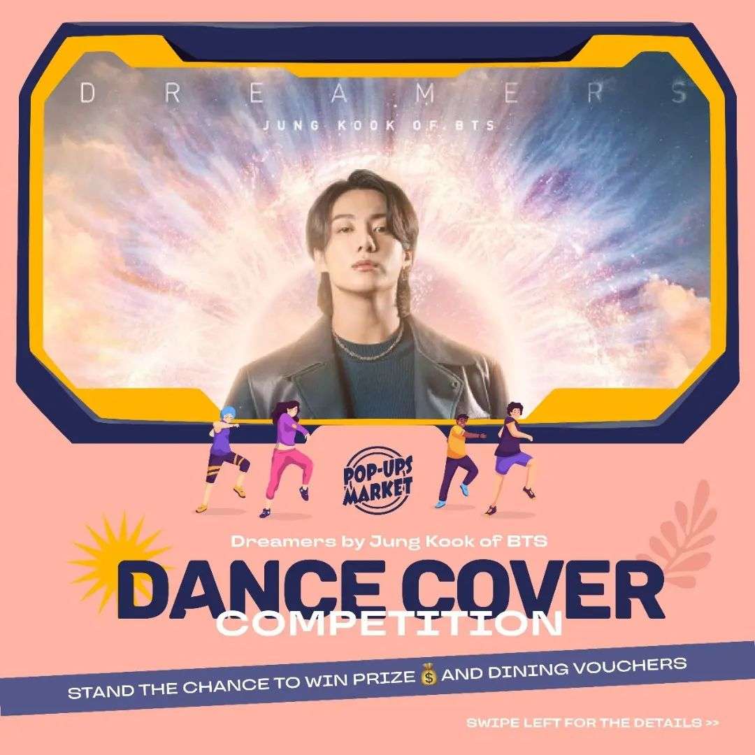 Shoutout to Medan's BTS ARMY  
To celebrate and jump into the World Cup euphoria, we will be hosting a DREAMERS DANCE COVER COMPETITION! 🕺🏻

Show us your creative Dreamers by Jung Kook dance cover at Rivapark @deliparkmedan
10 best dance covers will get a chance to WIN CASH🤑 and exclusive dining vouchers  Share your dance videos via TikTok / Instagram story and tag @popupsmarket.id

Submission Period:
22 - 30 Nov 2022
Winner Announcement : Friday, 2 Dec 2022

Rank 1 : IDR 1,000k
Rank 2 : IDR 750k
Rank 3 : IDR 500k
Rank 4 : IDR 300k
Rank 5 : IDR 200k
Rank 6 - 10 : Exclusive Dining Vouchers

#FoodFestRivapark 