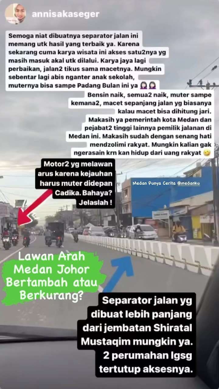 Lawan Arah daerah Medan Johor bertambah atau berkurang setelah pasangnya pembatas jalan? Pembatas Jalan dipasang untuk menertibkan lalulintas

Siapa yang sering melintas jalan ini?

◇ Selalu pantau STORY dan FOLLOW @medanku utk info kejadian/kecelakaan/lalulintas terkini yang blm tentu di post ke feed dan utk bisa ikut komentar. 

♡ Silakan share (cerita/info lalulintas) ke story mention @medantalk dan juga @medantalkviral @medanku @medantalkid utk admin seleksi dan repost. Ingat tulis lokasi & kapan kejadian, keterangan kejadian dgn jelas dan lengkap di story agar mudah di mengerti saat repost.  Pastikan juga akun anda tidak dikunci agar kami bisa lihat dan repost. Terima kasih