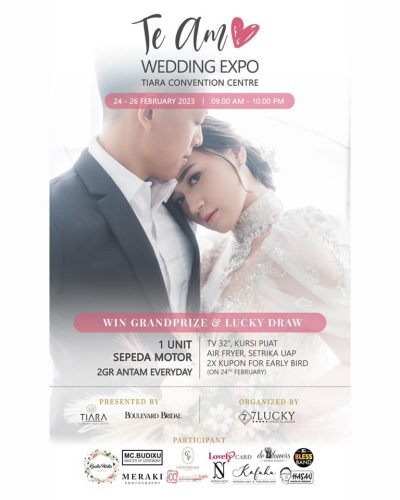 "TE AMO WEDDING EXPO 2023"
24-26 Februari 2023
10.00 - 21.00 WIB
at Tiara Convention Center

make sure you meet your best wedding vendor here because a wedding is only once in a lifetime

come and join us of course together with the vendors:
Tiara Convention Center | Boulevard Bridal | 7LuckyEventPlanner | Bestie Partie Decoration | CC Productions | Meraki Photography | DeFlowers | Bless Band | MC Budi Xu | Lovely Card | Cloverdale Headpiece | Shintanovi Couture | 
Kofuku | MC Hasan

Definitely get the best offers from your wedding vendors and bring home prizes in the form of:
The most deals everyday (Antam 2gr) until the announcement of the Grand Prize draw (1 Motor Unit) and other Lucky Draw Prizes on 26 February 2023

What are you waiting for. Let's Join!